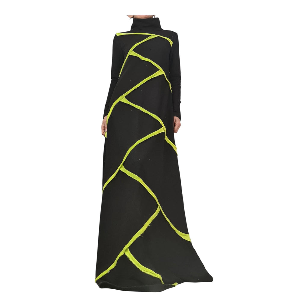 Black Cotton Maxi Dress, Lime Geometric Asymmetric Design, High Neck, Long Sleeve