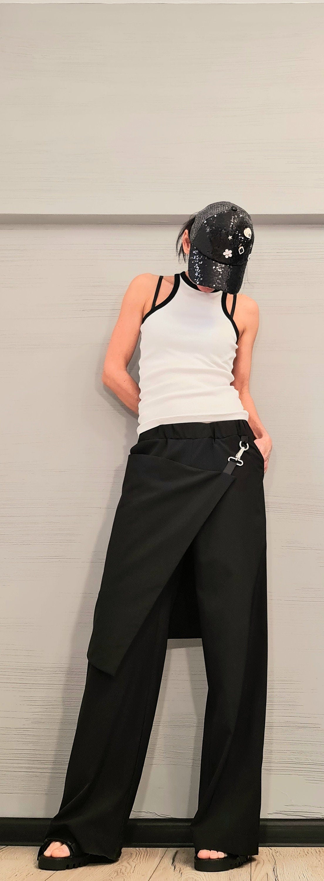 Black Asymmetric Wide Leg Pants, Wrap Skirt Overlay, Silver Carabiner Closure