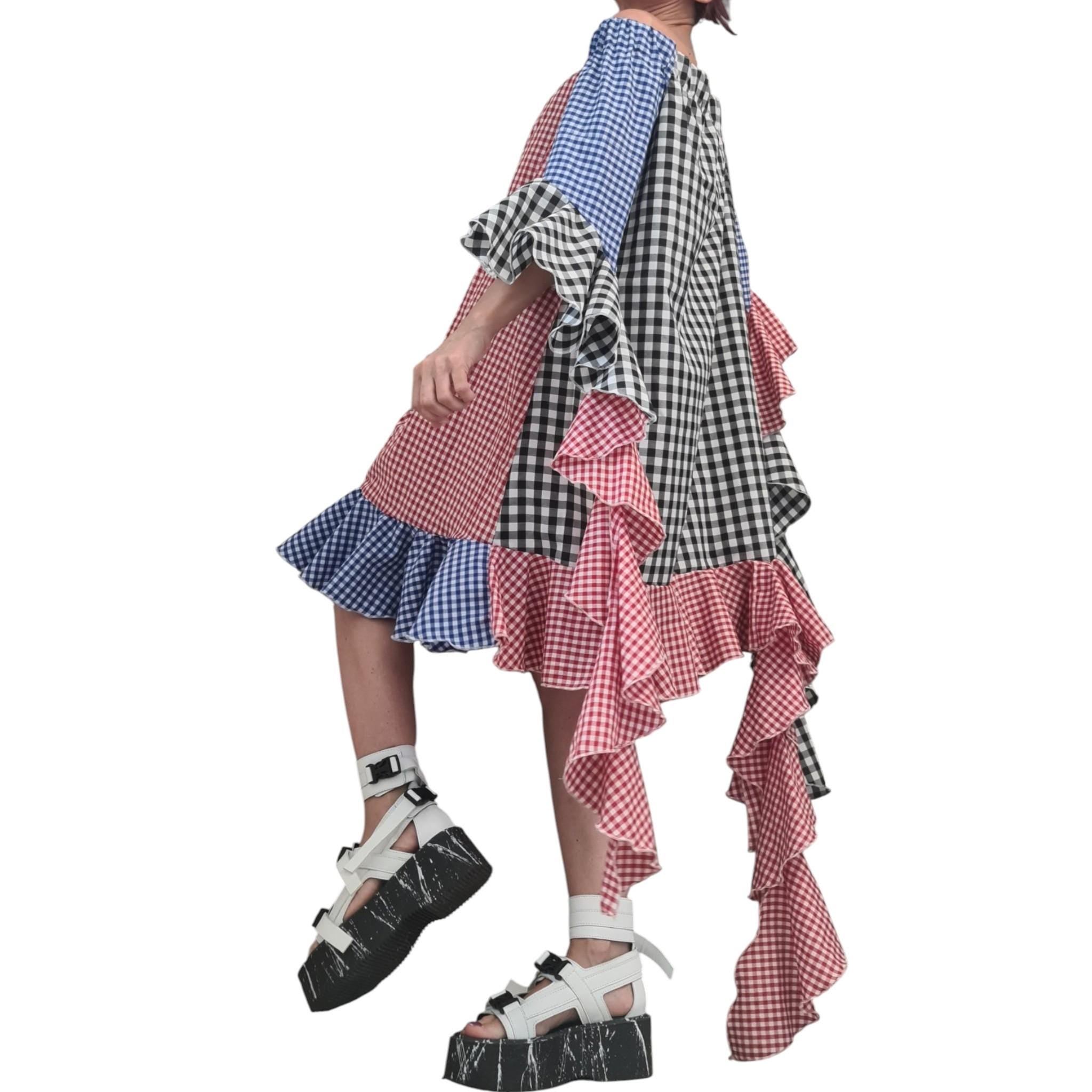 Extravagant Plaid Asymmetric Knee-Length Dress, Plus Size Cotton Dress