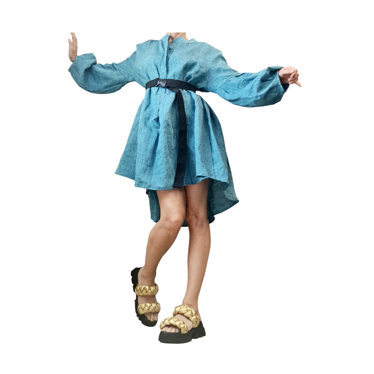 Turquoise Linen Dress for Women, Handmade Clothing, Oversized Asymmetrical Tunic, Balloon Sleeves