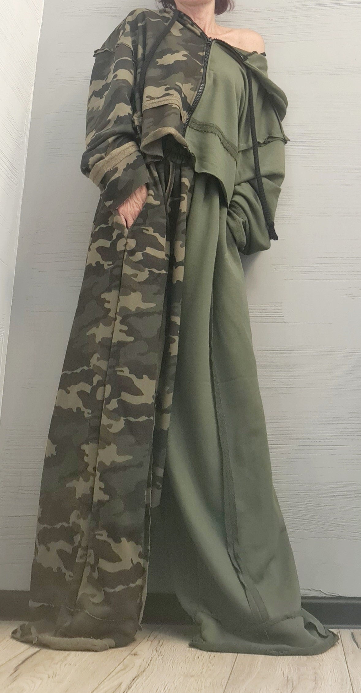 Olive Green Cotton Wide Leg Pants, Cropped Oversized Hoodie, Camouflage Panels, Two-Piece Co-Ord Set