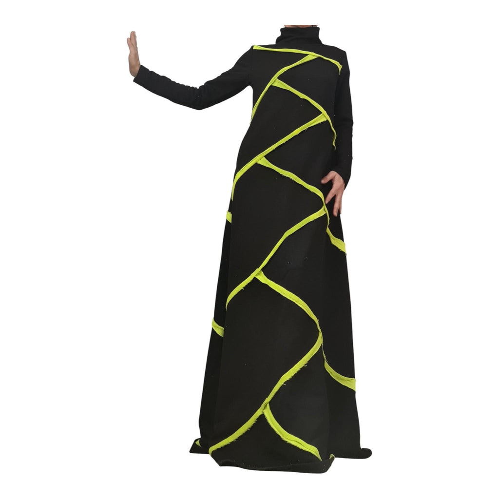 Black Cotton Maxi Dress, Lime Geometric Asymmetric Design, High Neck, Handmade Long Sleeve Dress