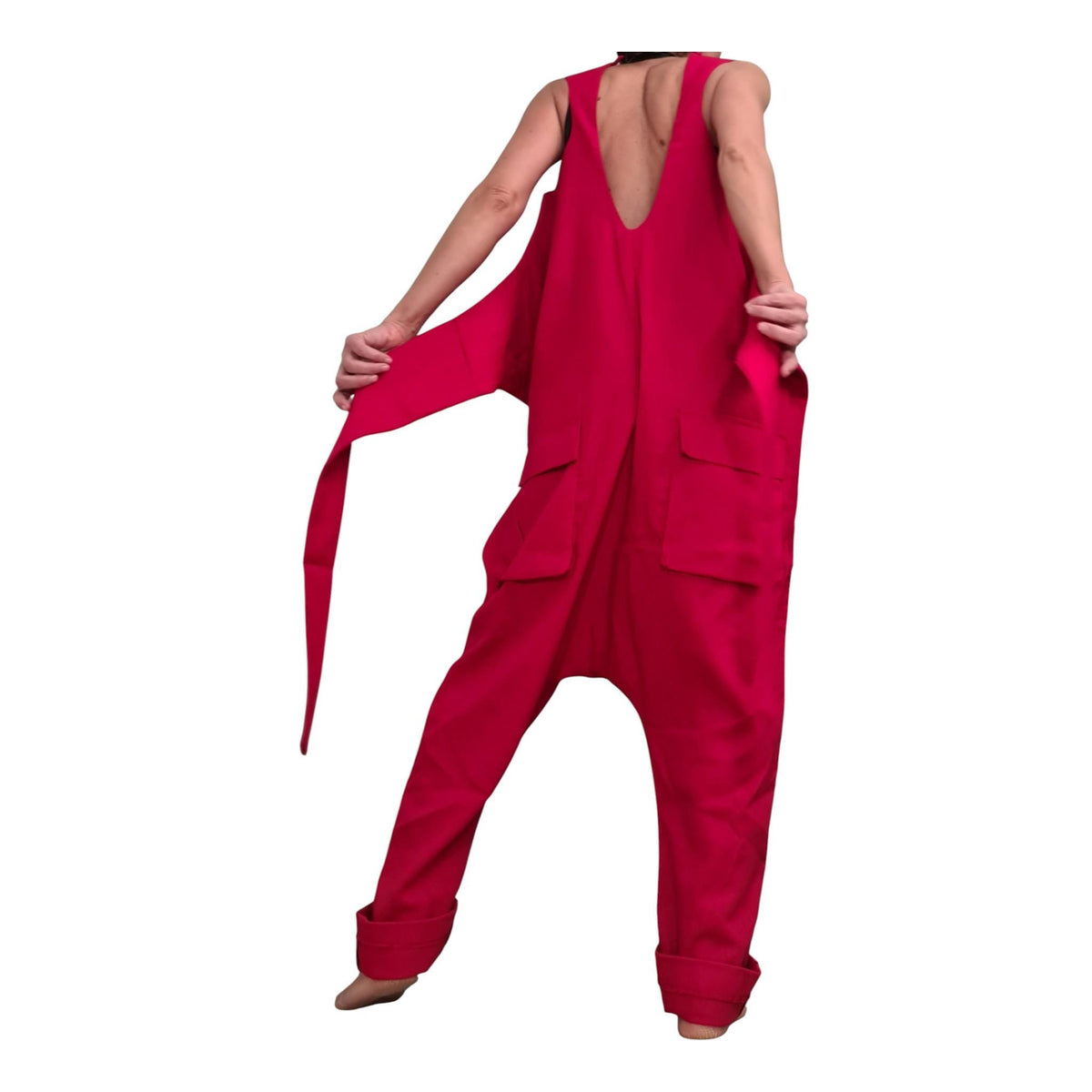 Red Linen Jumpsuit, Sleeveless Wide Leg Overalls, Backless Drop Crotch Outfit