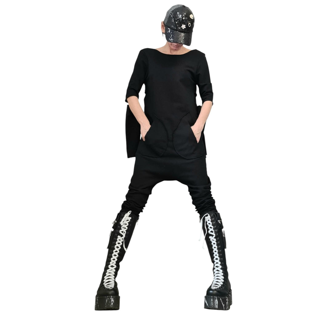 Black Cotton Drop Crotch Jumpsuit, Extravagant Open Back, Slim Fit Gothic Style