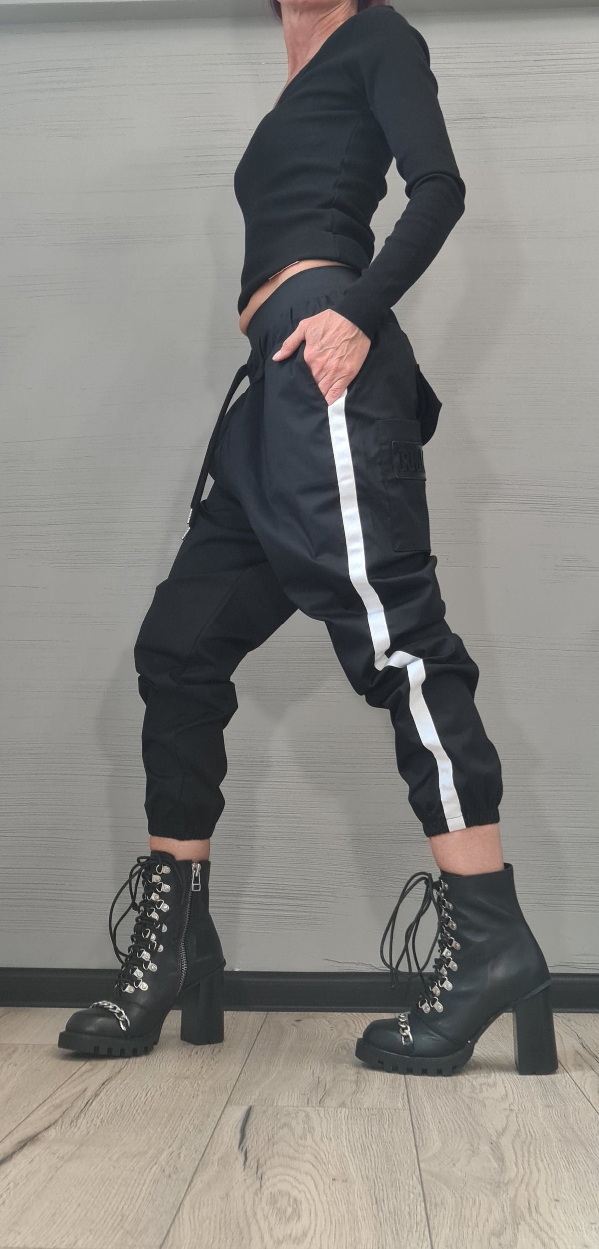 Beige Cargo Jogger Pants, Drop Crotch Trousers, Black Side Stripes, Elastic Waist, Multiple Pockets