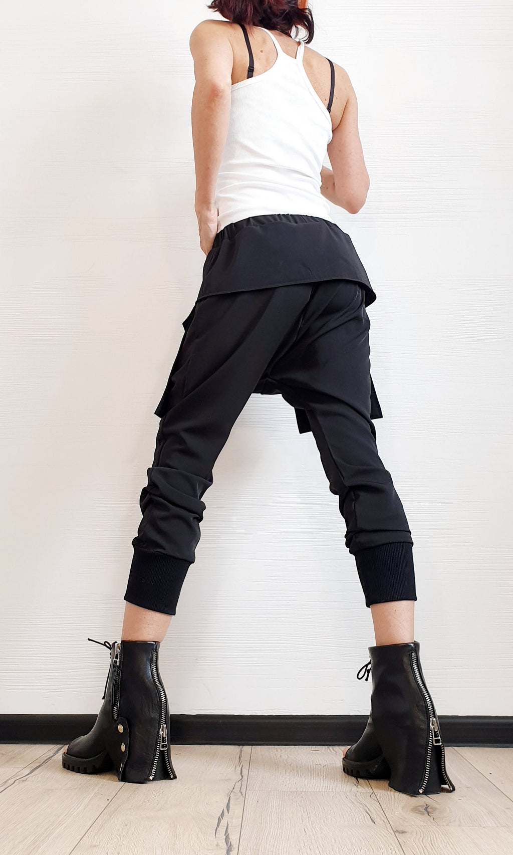 Black Harem Cargo Pants, Attached Skirt Panel, Tapered Leg
