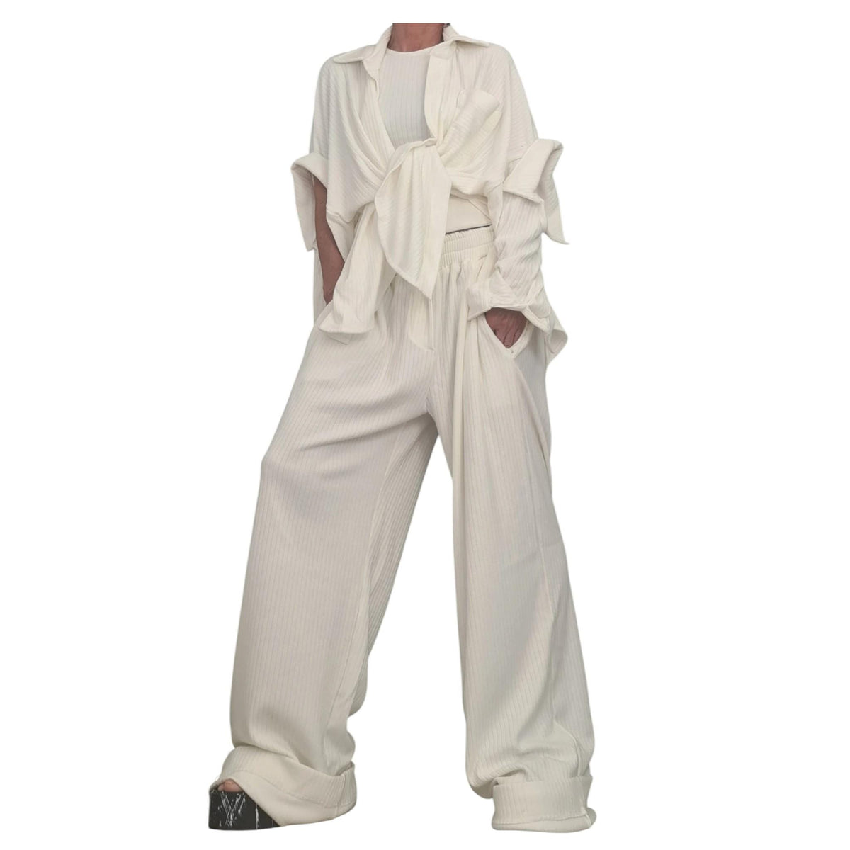 Ivory Cotton Wide Leg Pants, Sleeveless Top, Deconstructed Shirt, Three-Piece Co-Ord Set, Plus Size