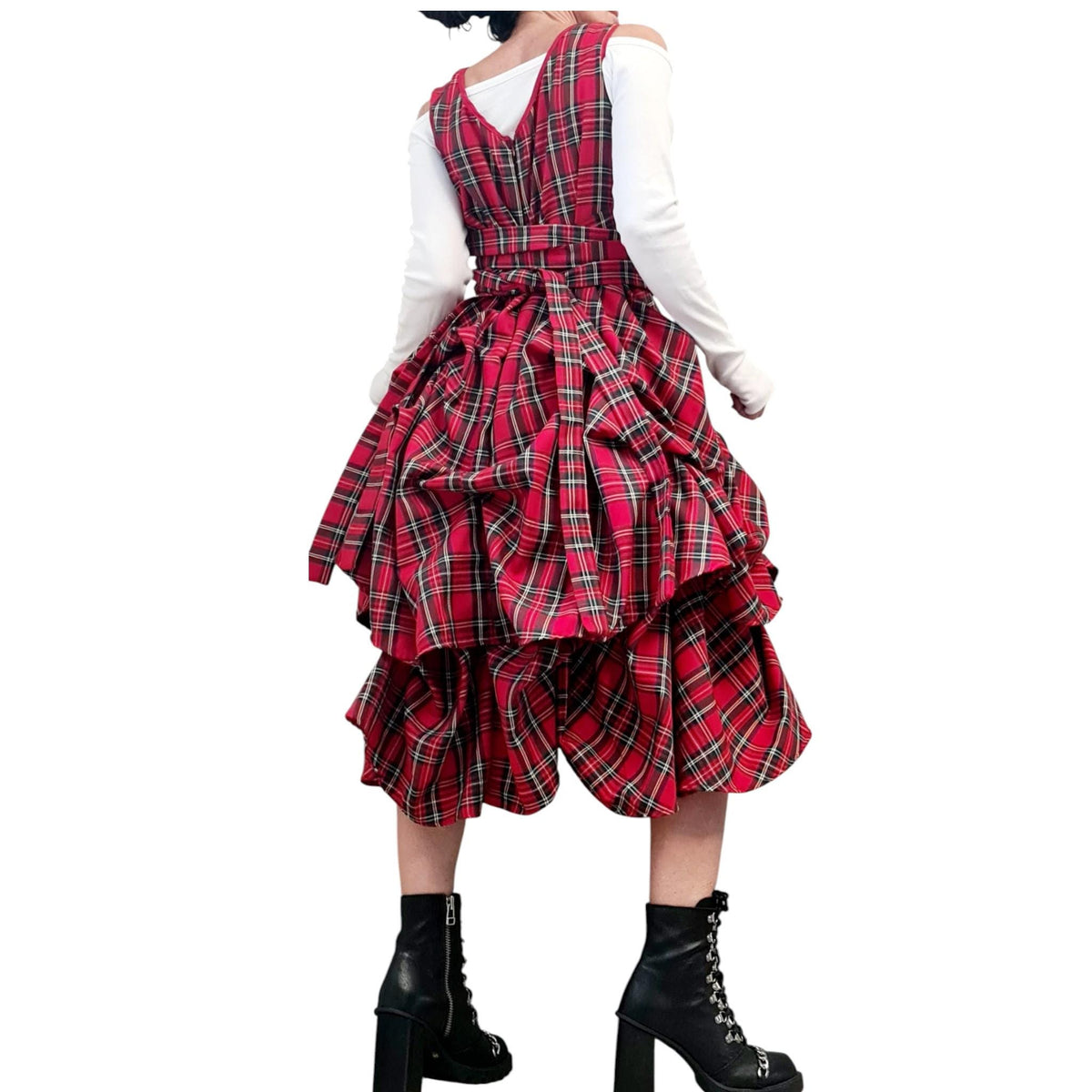 Red Tartan Asymmetric Gown | Sleeveless Knee-Length Dress with Adjustable Volume Skirt