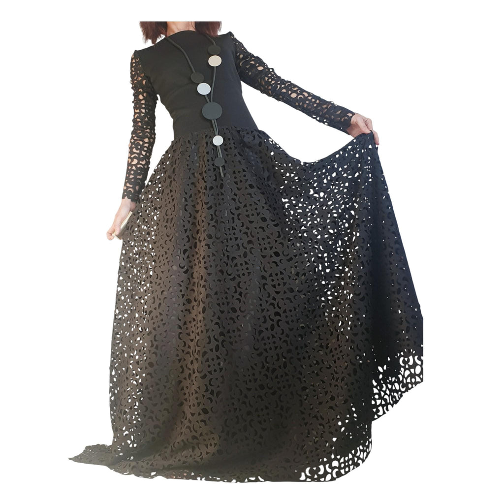 Avant-garde Black Gothic Maxi Skirt Dress, Neoprene Circle Skirt
