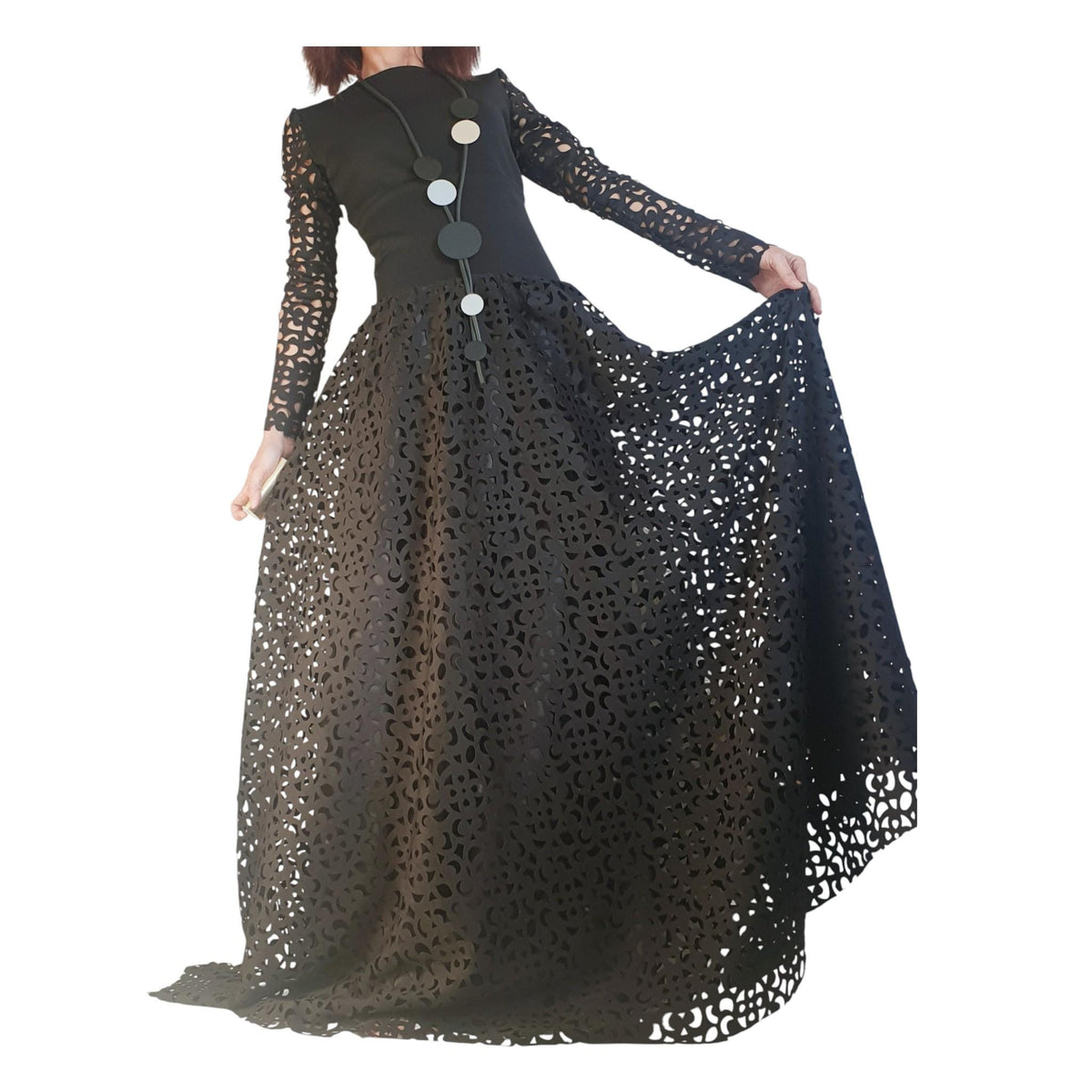 Avant-garde Black Gothic Maxi Skirt Dress, Neoprene Circle Skirt