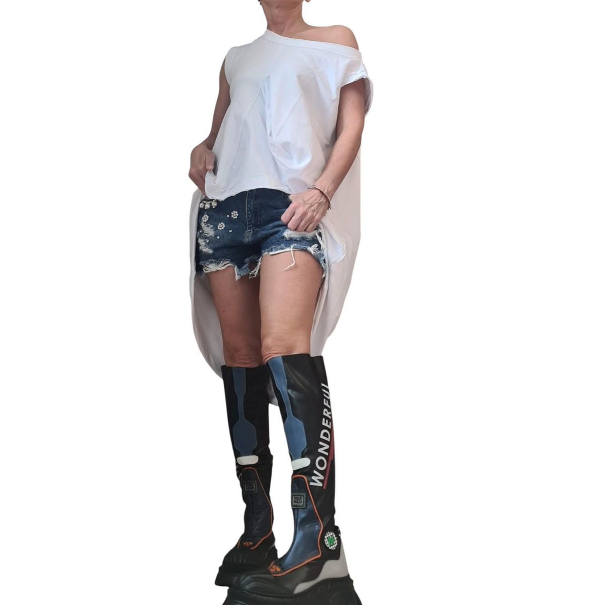 White asymmetric tunic, sleeveless cotton top, oversized loose fit women clothing