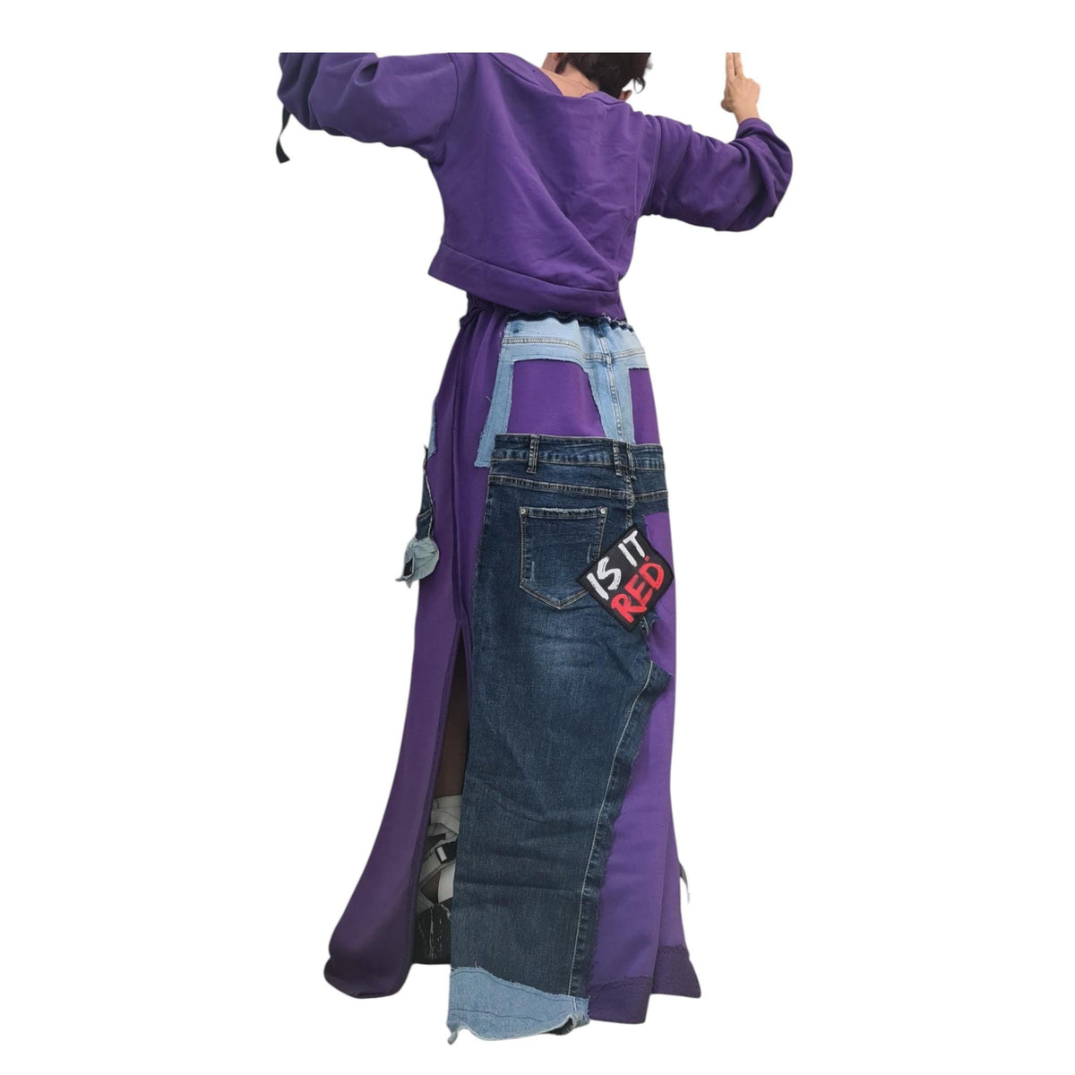 Cotton Denim Blouse Skirt Set, Extravagant Women Costume, Patchwork Design
