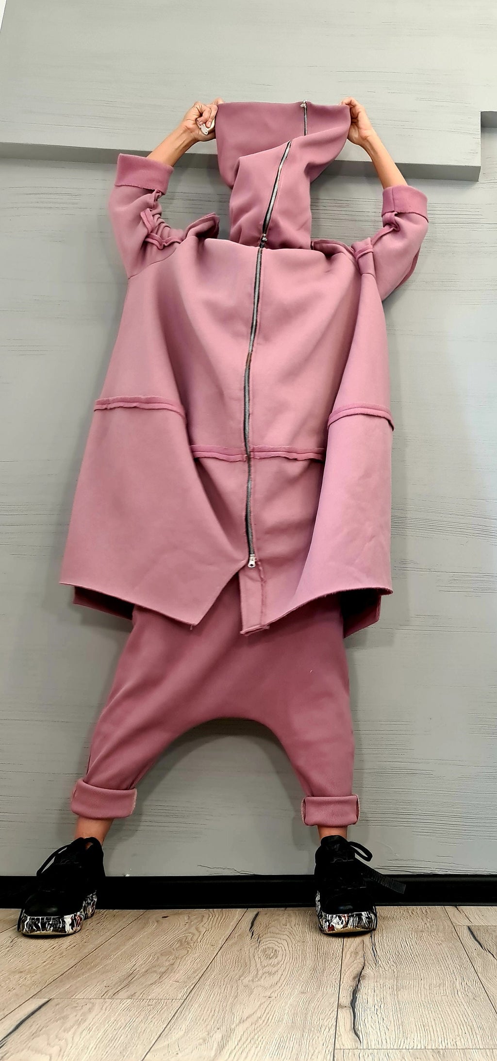 Pink Oversized Zip Up Hoodie, Long Sweatshirt with Extra Large High Collar, Plus Size