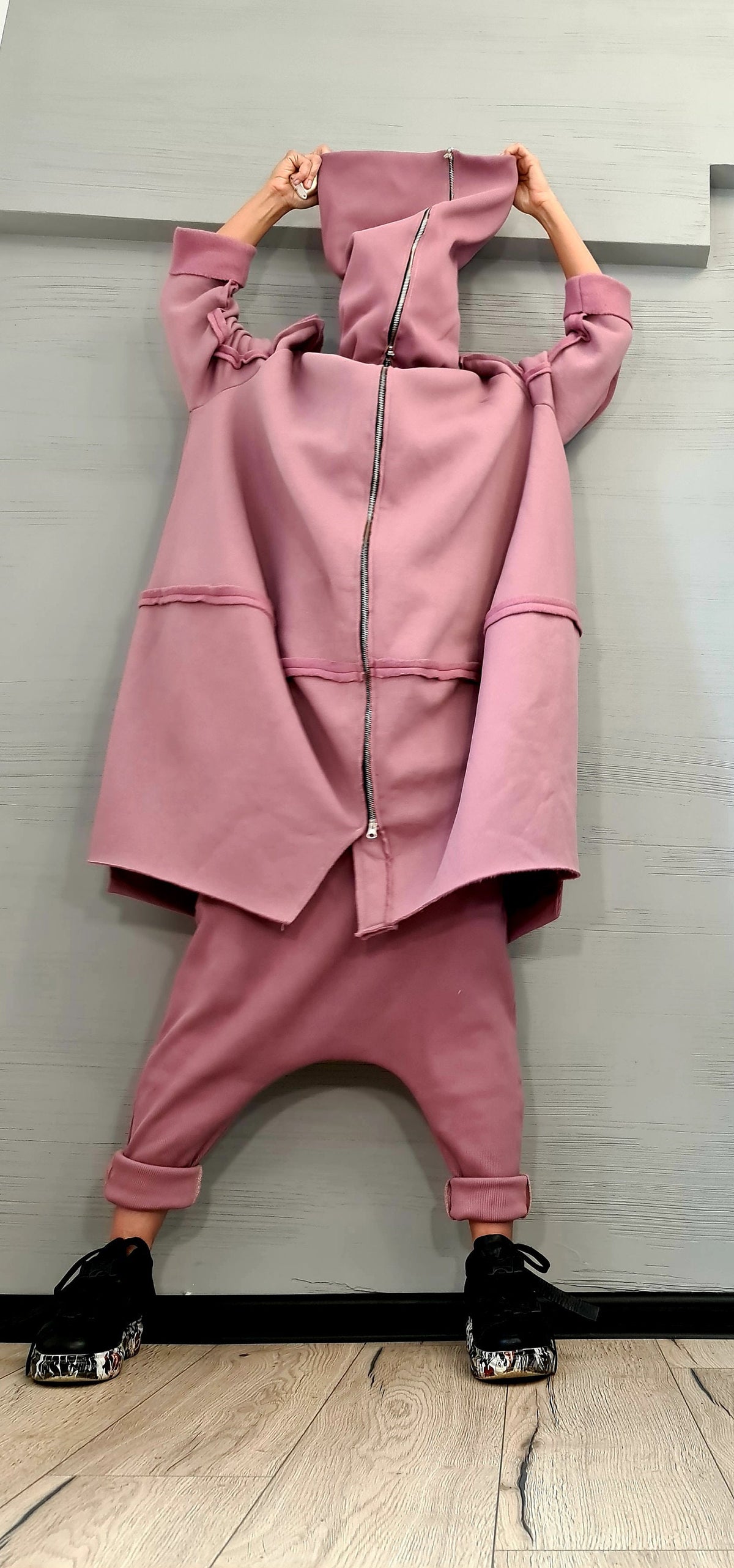 Pink Oversized Zip Up Hoodie, Long Sweatshirt with Extra Large High Collar, Plus Size