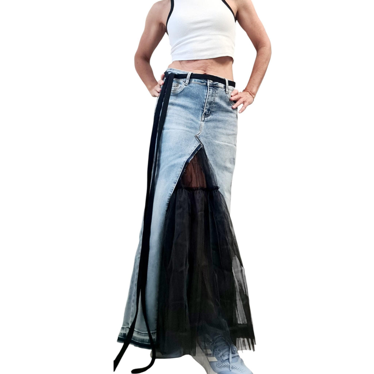 Extravagant Asymmetric Denim Tulle Skirt, Deconstructed Avant Garde Maxi Skirt