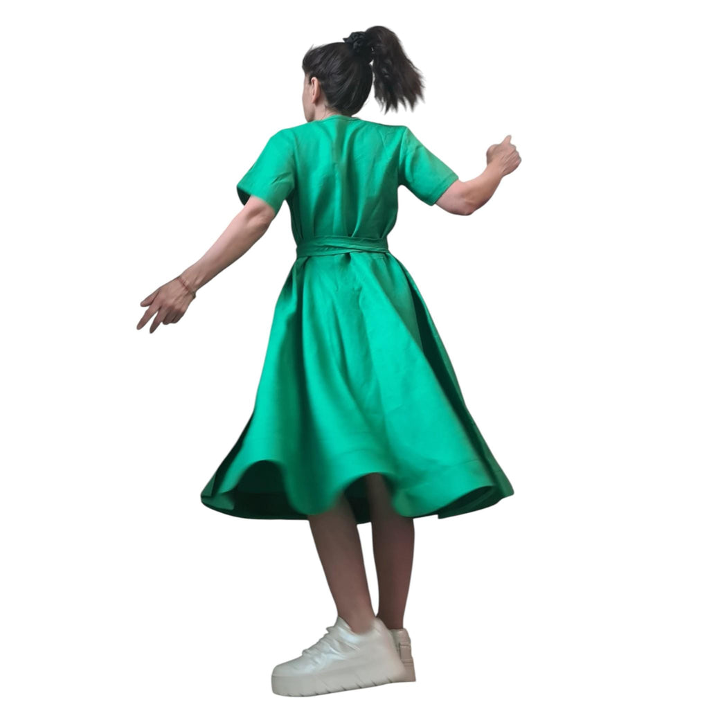 Green Linen Wrap Dress for Women, Knee Length, Short Sleeve Plus Size Summer Clothing