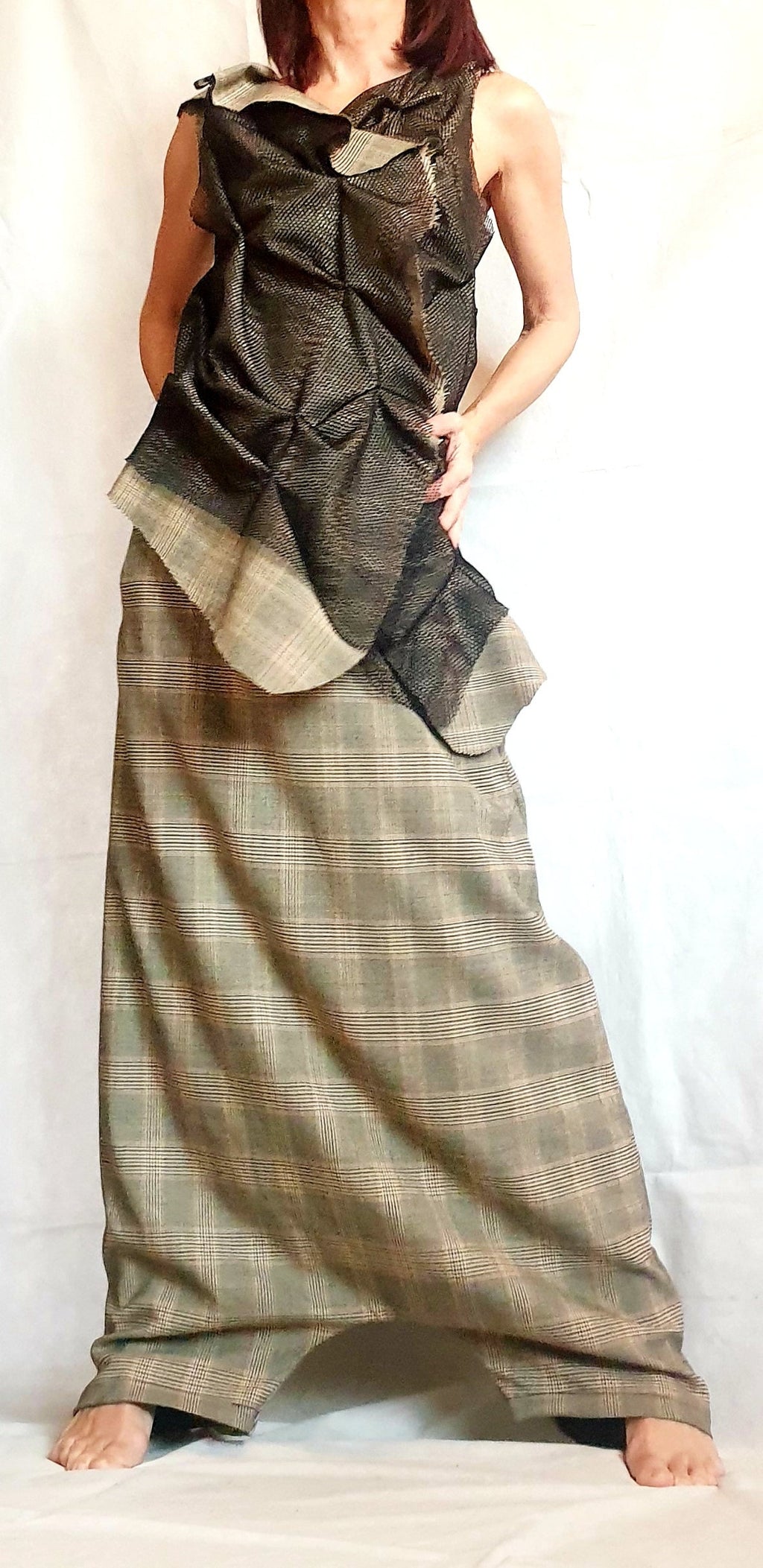 Plus Size Co-Ord Set, Plaid Harem Pants, Black Asymmetrical Vest with mesh