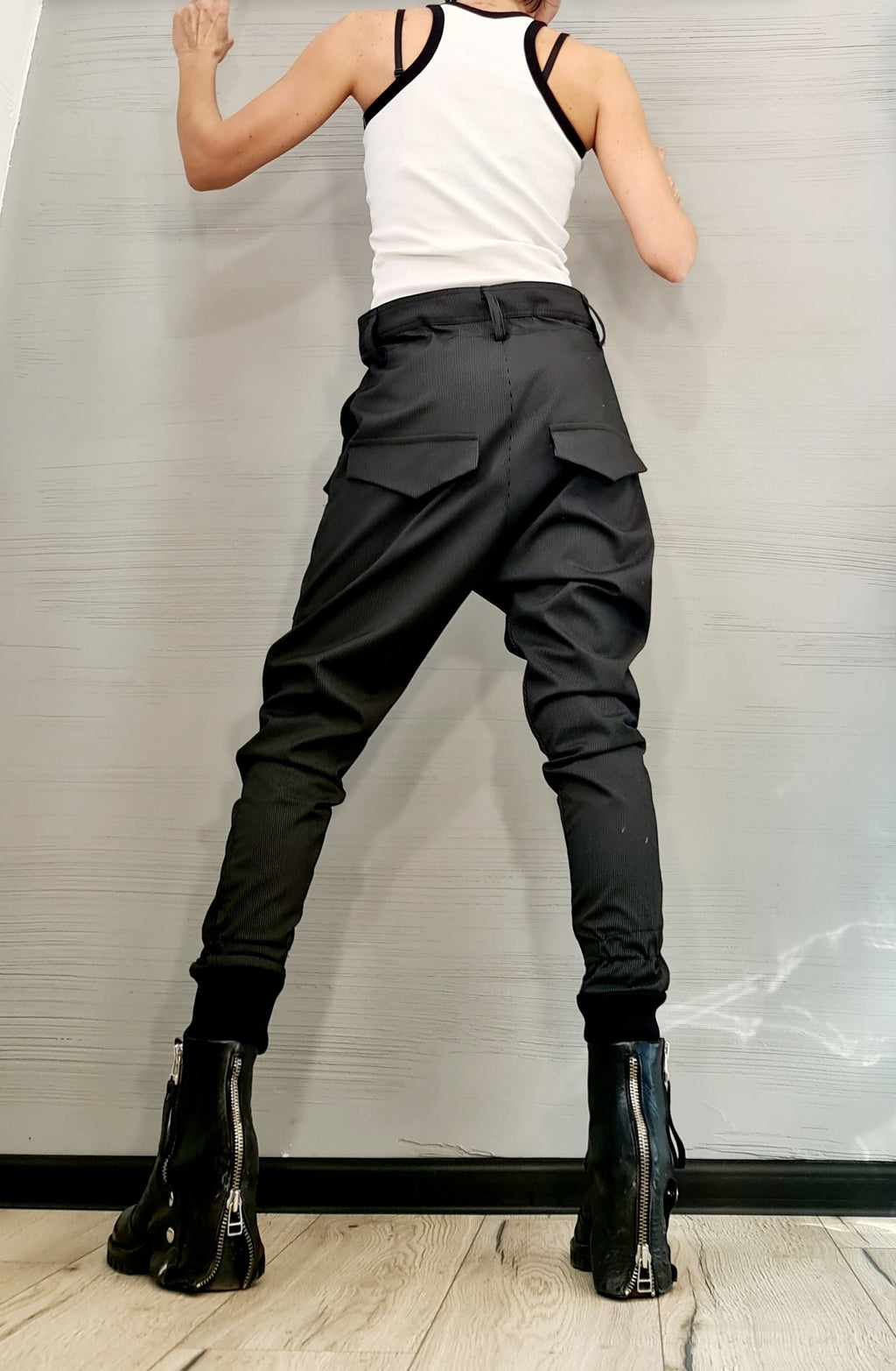 Black Pinstripe Cargo Pants, Drop Crotch Trousers, Slim Leg, Plus Size