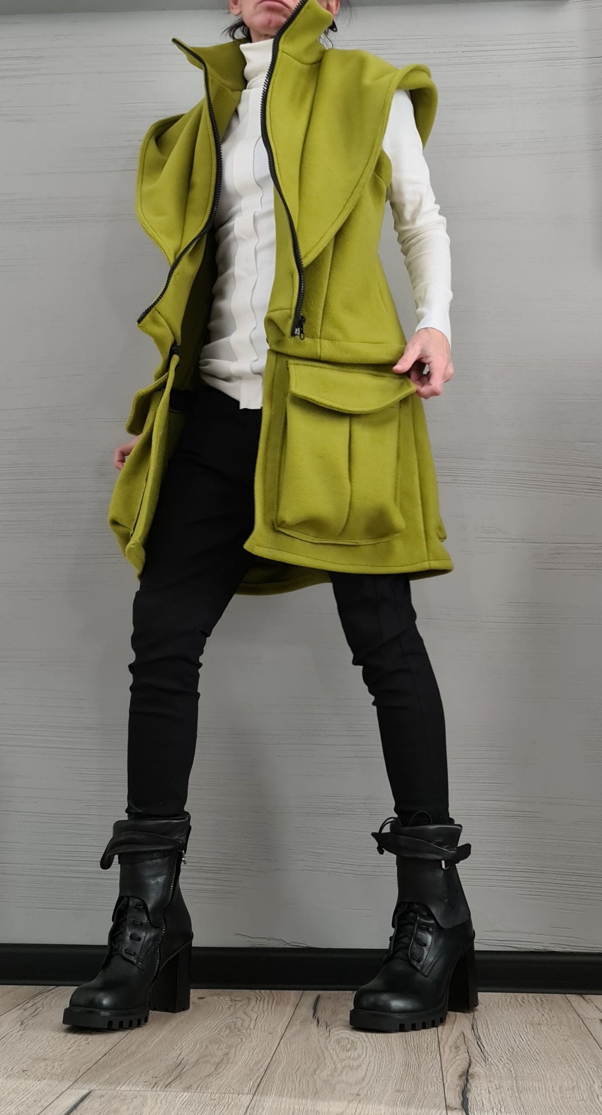 Pistachio Asymmetric Convertible Hooded Vest, Detachable Cargo Pocket Panel, Long or Cropped, Plus Size