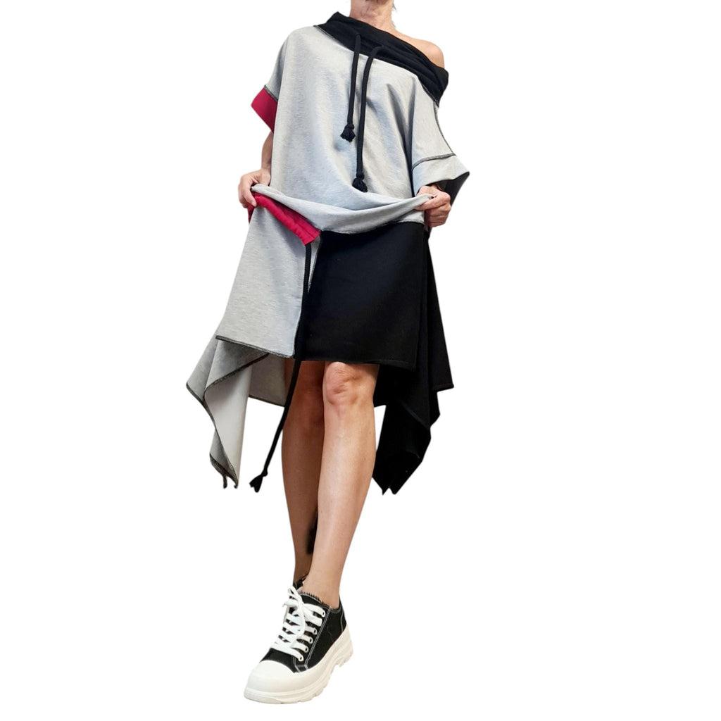 Asymmetric Cotton Patchwork Dress, Oversized Off Shoulder Tunic
