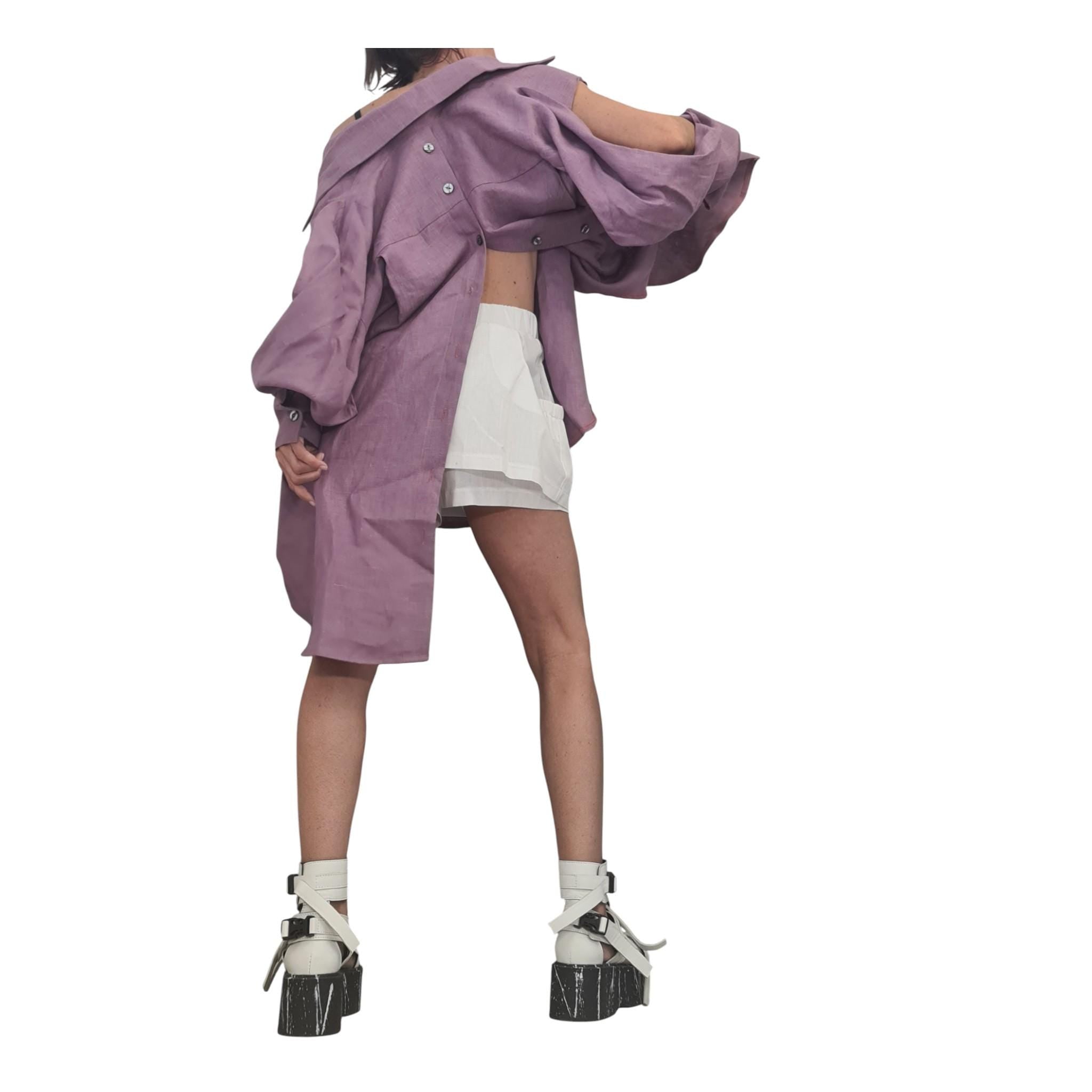 Lavender Linen Shirt, Asymmetric Open Back Top