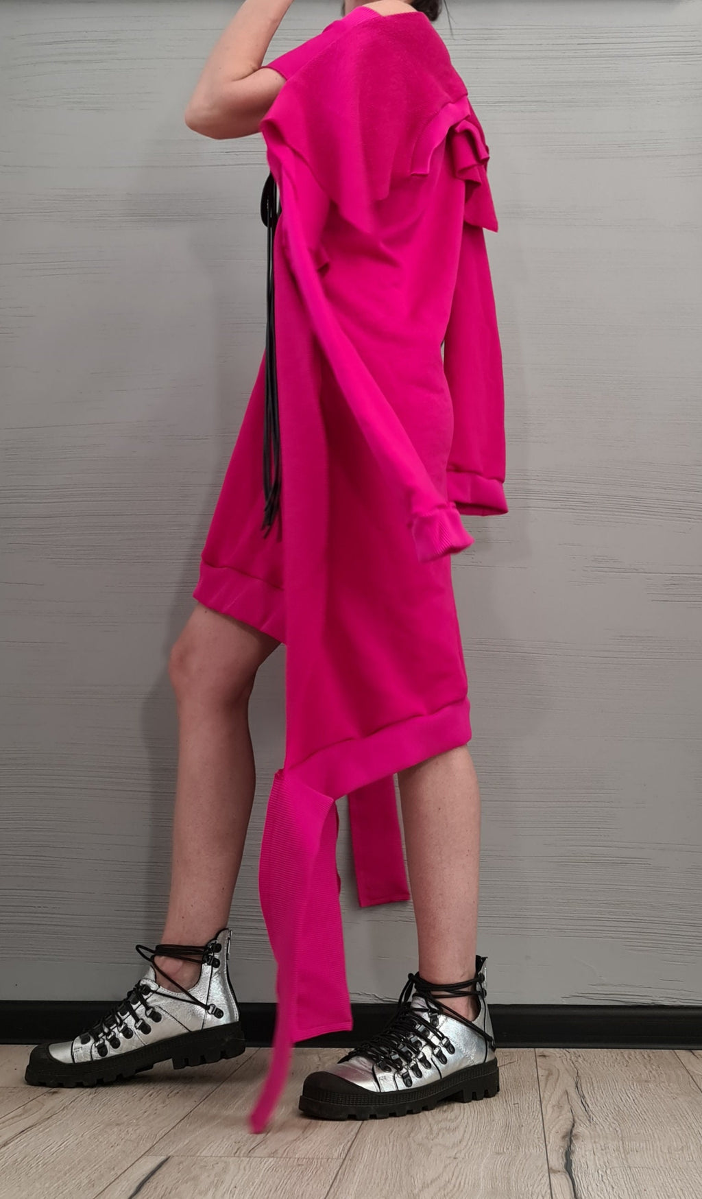 Fuchsia Asymmetrical Tunic, Cotton Loose Fit, Removable Sleeves Dress, Plus Size Dress for Women