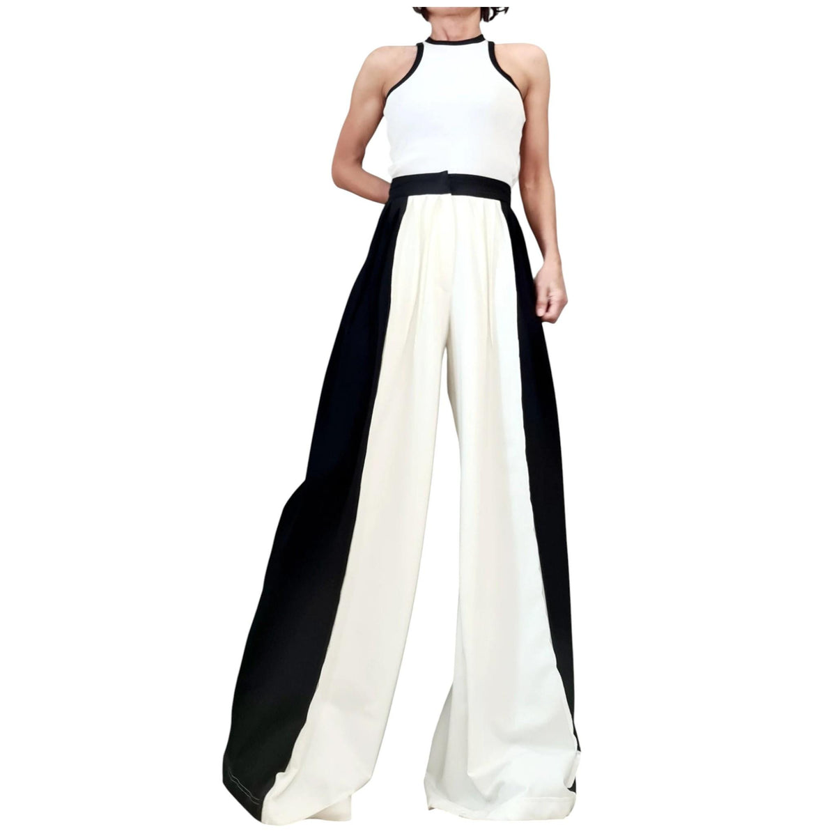 Black White French Terry Pants, Drop Crotch Trousers, Wide Leg Design