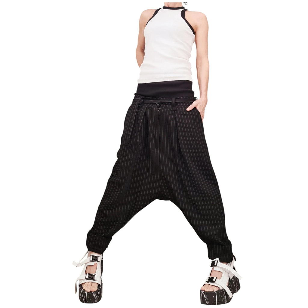 Black Pinstripe Harem Pants, Double Waistband, Tapered Leg Trousers