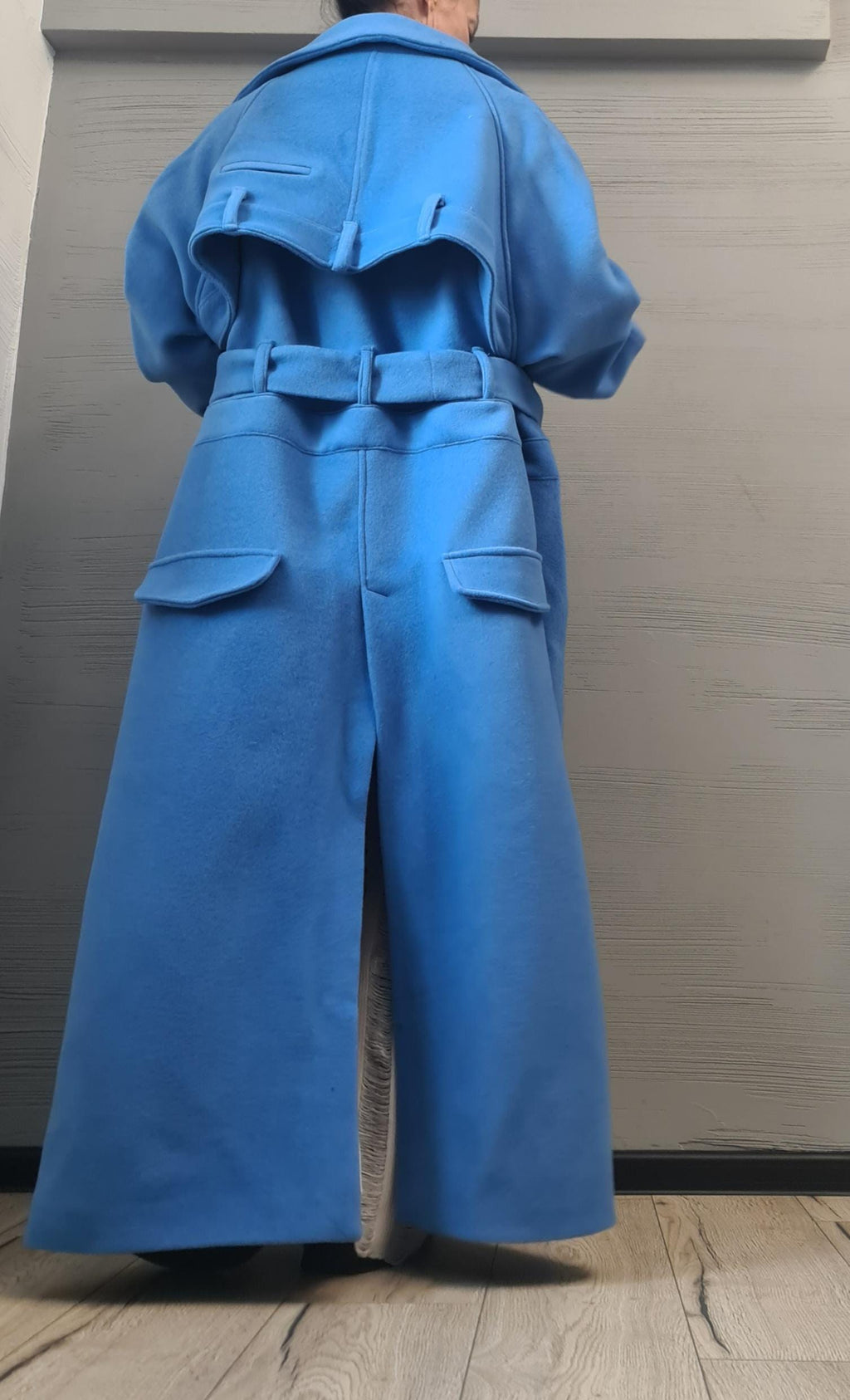 Blue Oversized Maxi Coat, Structured Shoulder Long Jacket, Belted Winter Trench