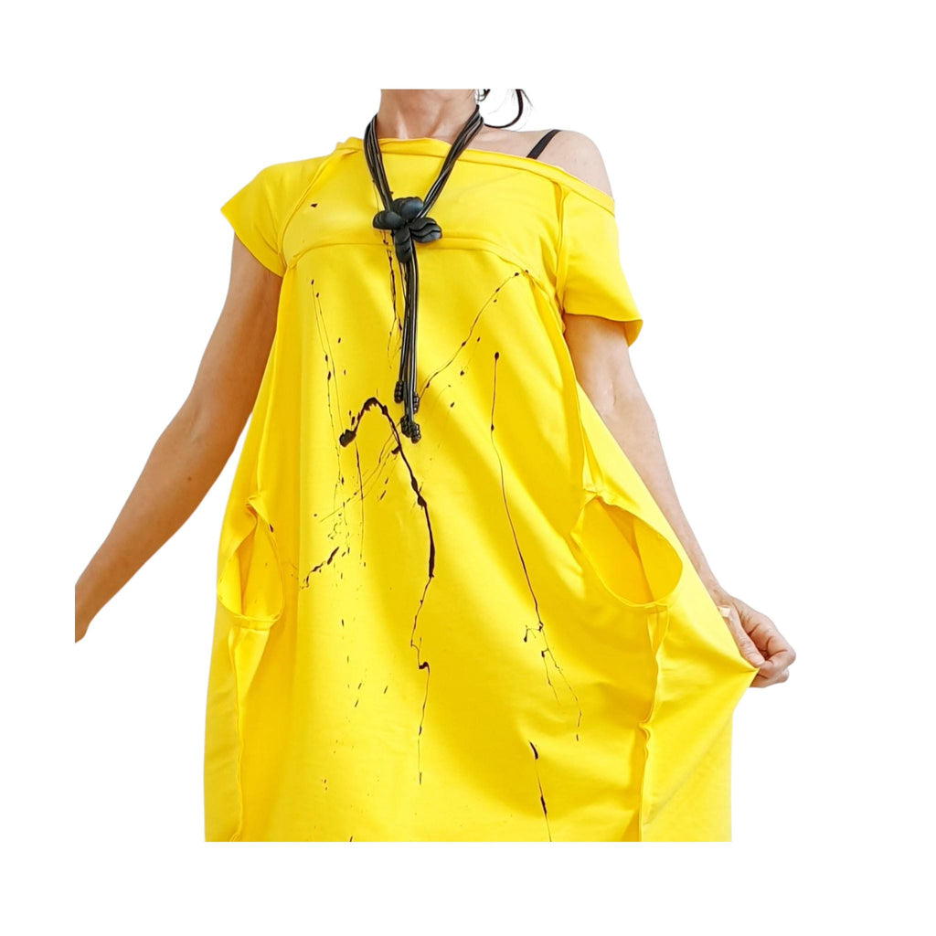 Yellow French Terry One Shoulder Dress for Women, Oversized Asymmetric Tunic Dress