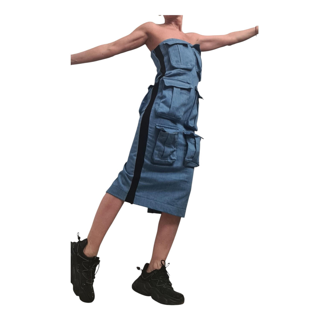 Denim Pencil Dress, Avant Garde Style, Outer Pocket Detail, Cargo Dress for Women