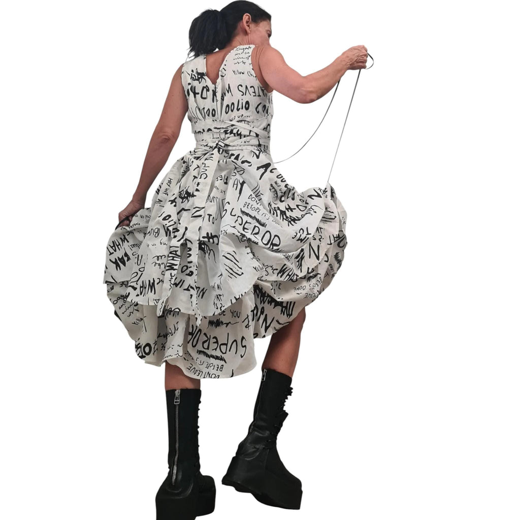 White Linen Graphic Print Dress for Women, Extravagant Sculptural Form, Avant Garde Clothing