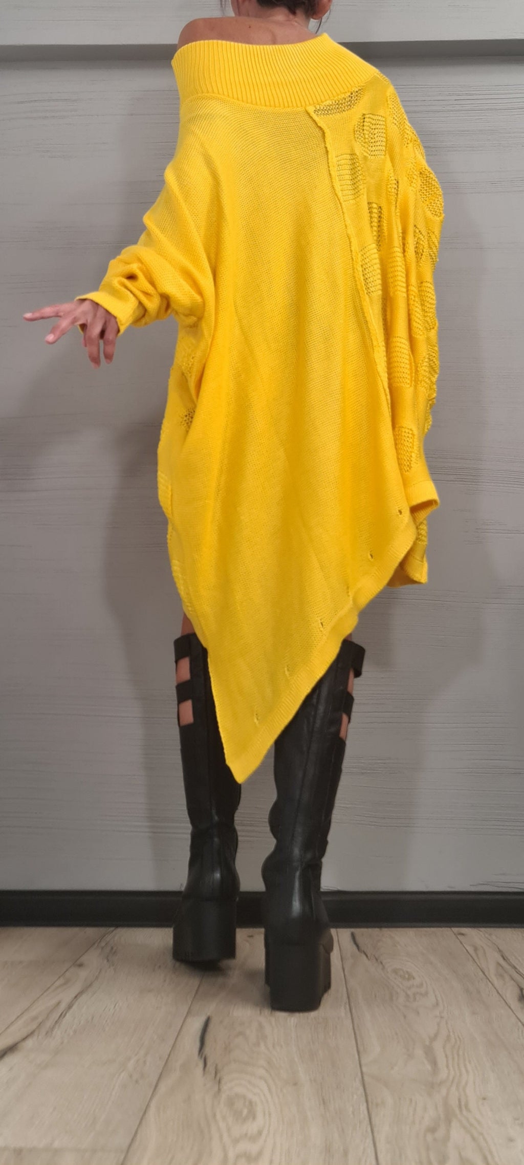 Yellow Asymmetrical Knitted Tunic, Oversized Long Sleeve Sweater, Plus Size Top