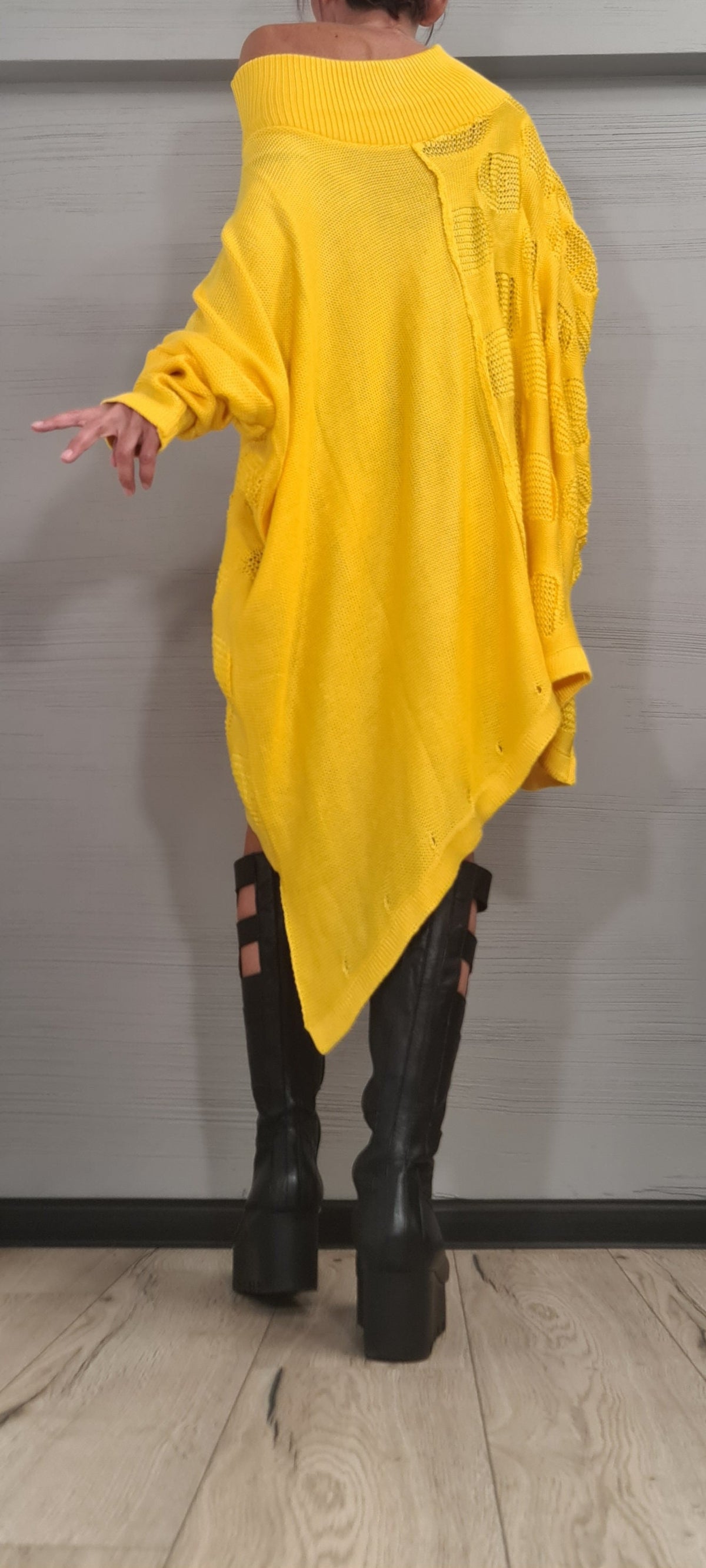 Yellow Asymmetrical Knitted Tunic, Oversized Long Sleeve Sweater, Plus Size Top