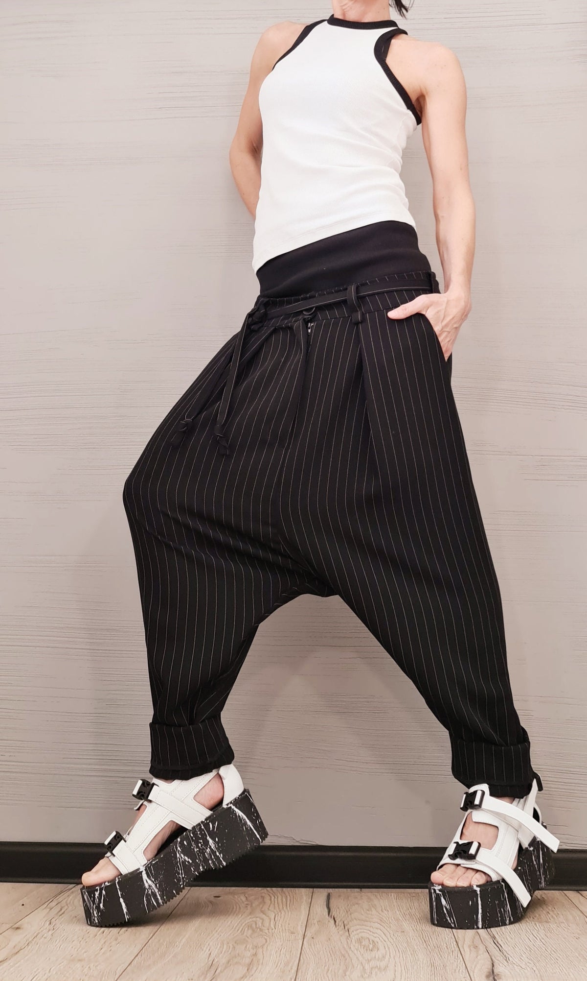 Black Pinstripe Harem Pants, Double Waistband, Tapered Leg Trousers