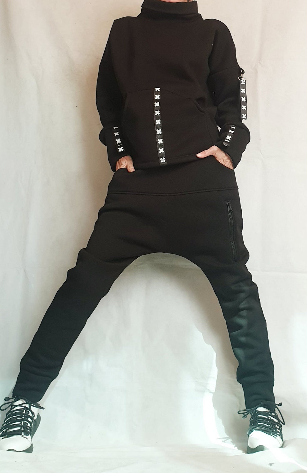 Black Cotton Tapered Drop Crotch Harem Pants, Open Back Blouse, Two Piece Co-Ord Set