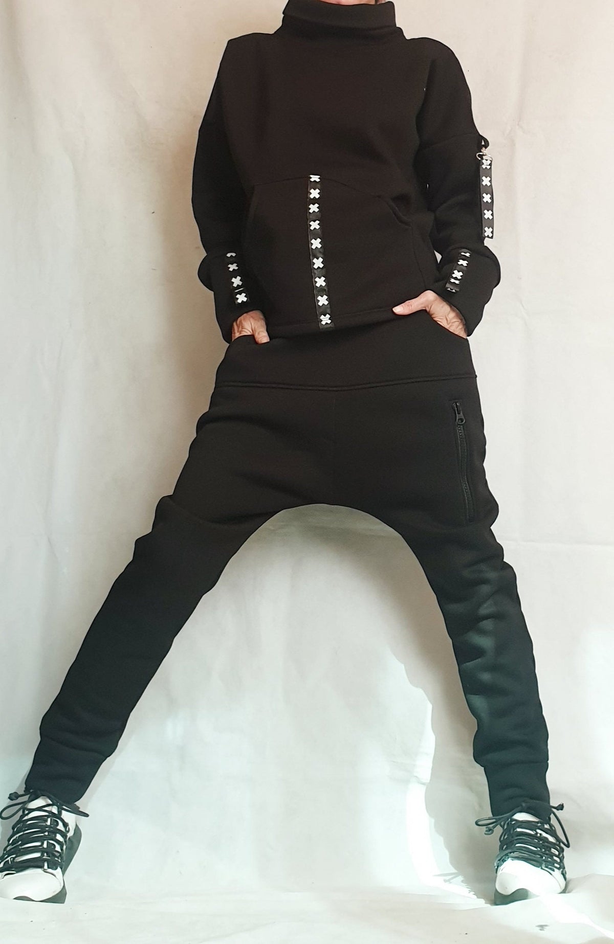 Black Cotton Tapered Drop Crotch Harem Pants, Open Back Blouse, Two Piece Co-Ord Set