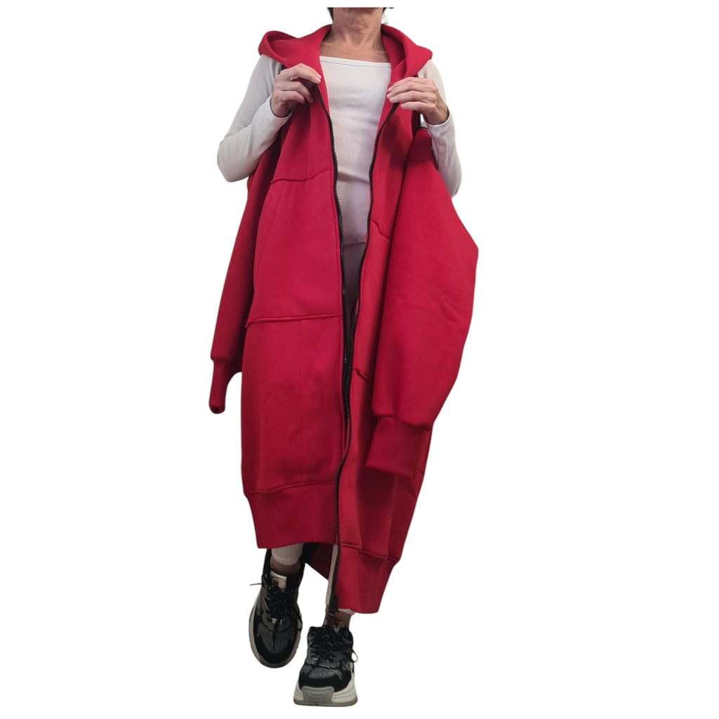 Red Convertible Cotton Maxi Hoodie Dress, Detachable Puff Sleeves, Full Zip Front, Plus Size