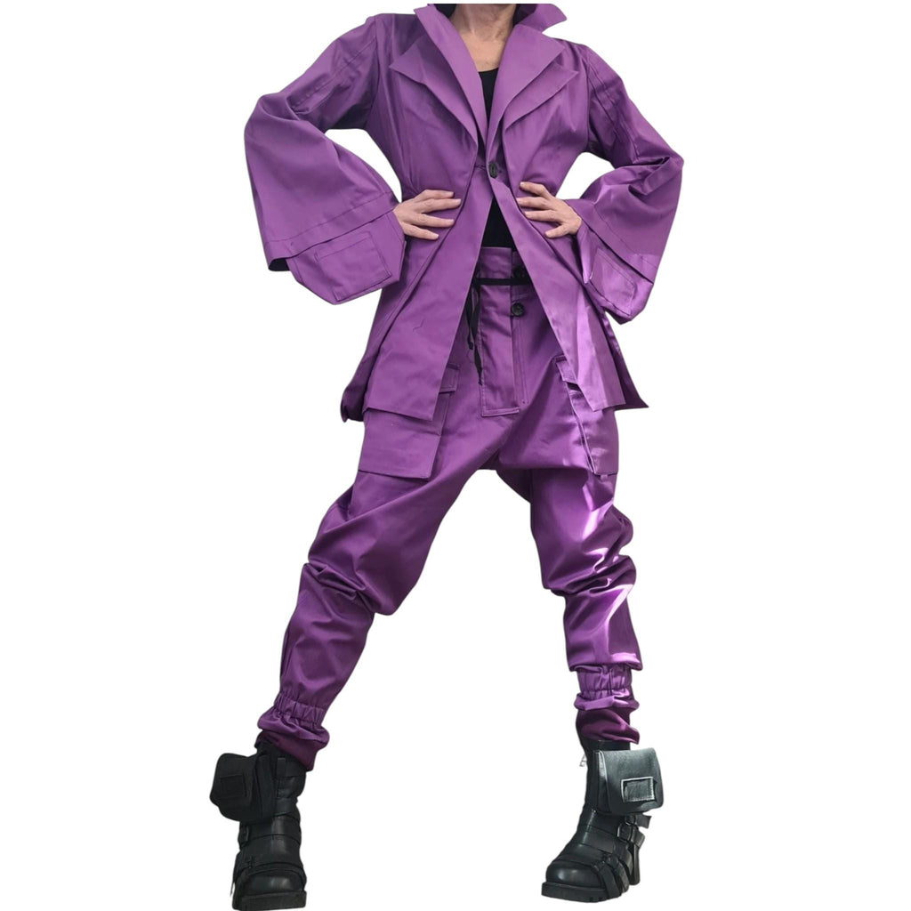 Purple Cotton Cargo Pants, Asymmetrical Deconstructed Tailored Blazer, Bell Sleeves, Two-Piece Co-Ord Set