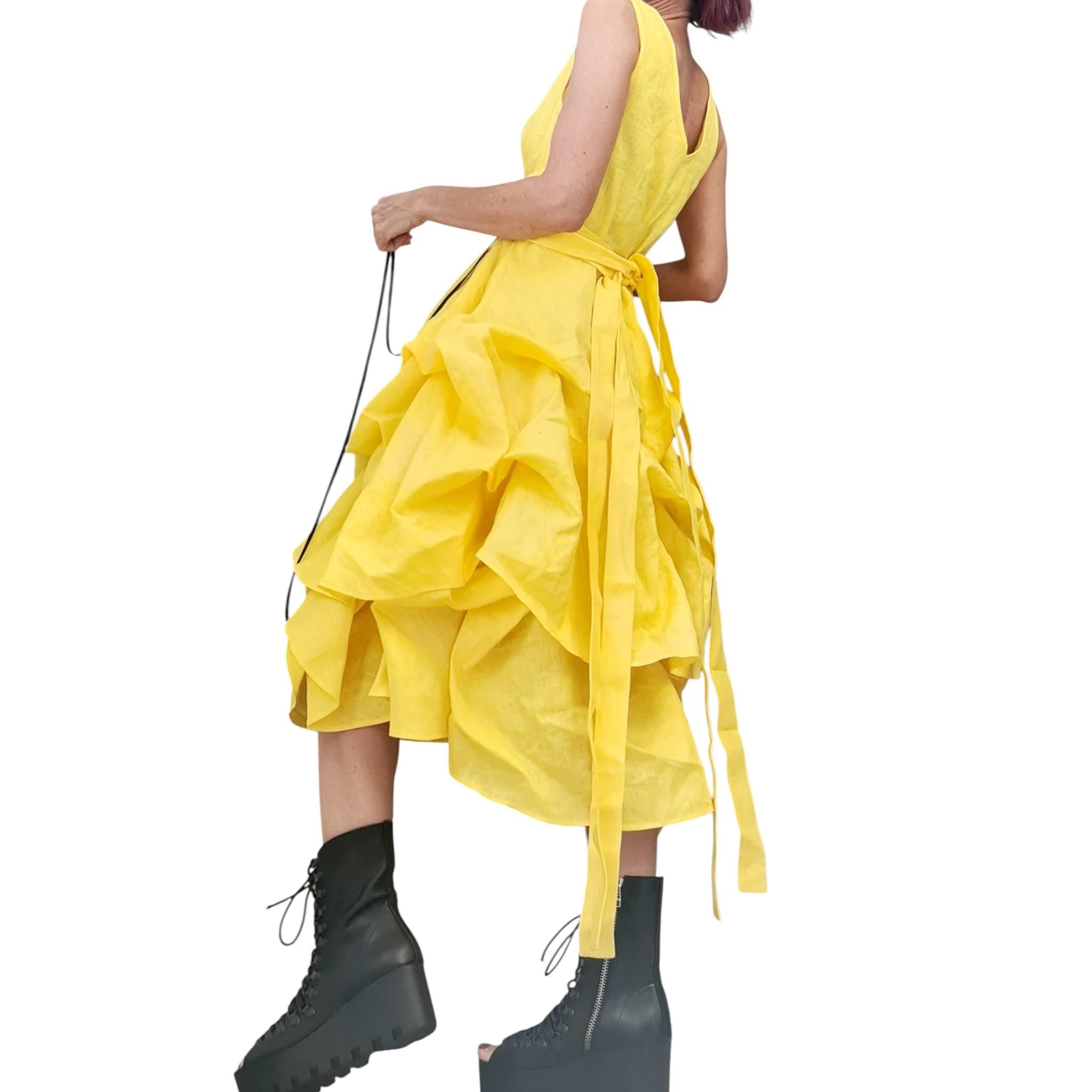 Yellow Linen Asymmetric Dress for Women, Sculptural Summer Dress, Avant garde Adjustable Volume Skirt