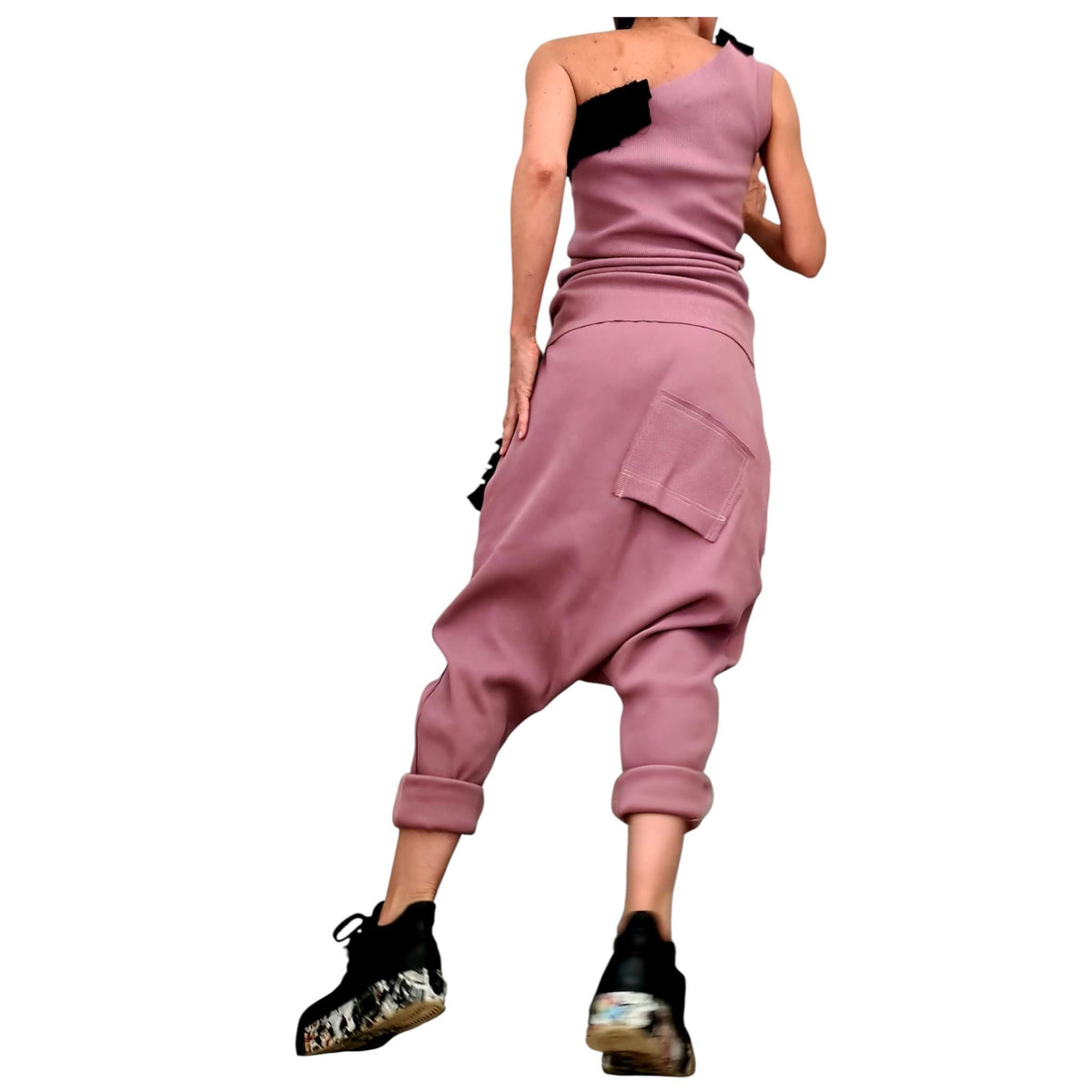 Dusty Rose Cotton Drop Crotch Harem Pants, One-Shoulder Ribbed Top, Black Trim, Co-Ord Set