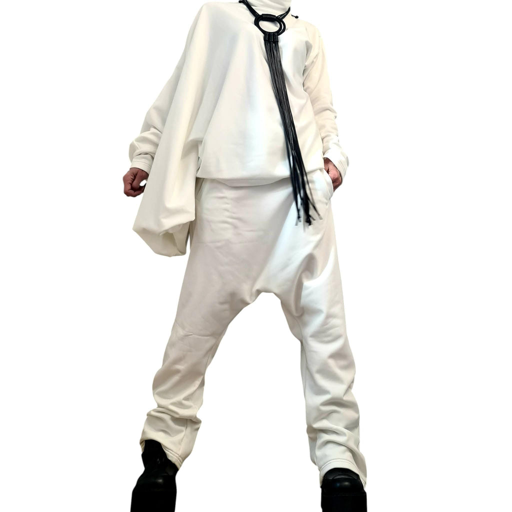 White Cotton Drop Crotch Harem Pants, Oversized Asymmetrical Batwing Turtleneck Top, Two-Piece Co-Ord Set