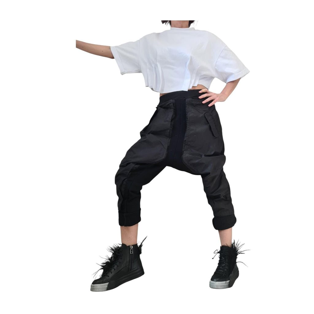 Extravagant Black Cotton Harem Pants, Cargo Trousers, Outer Pockets
