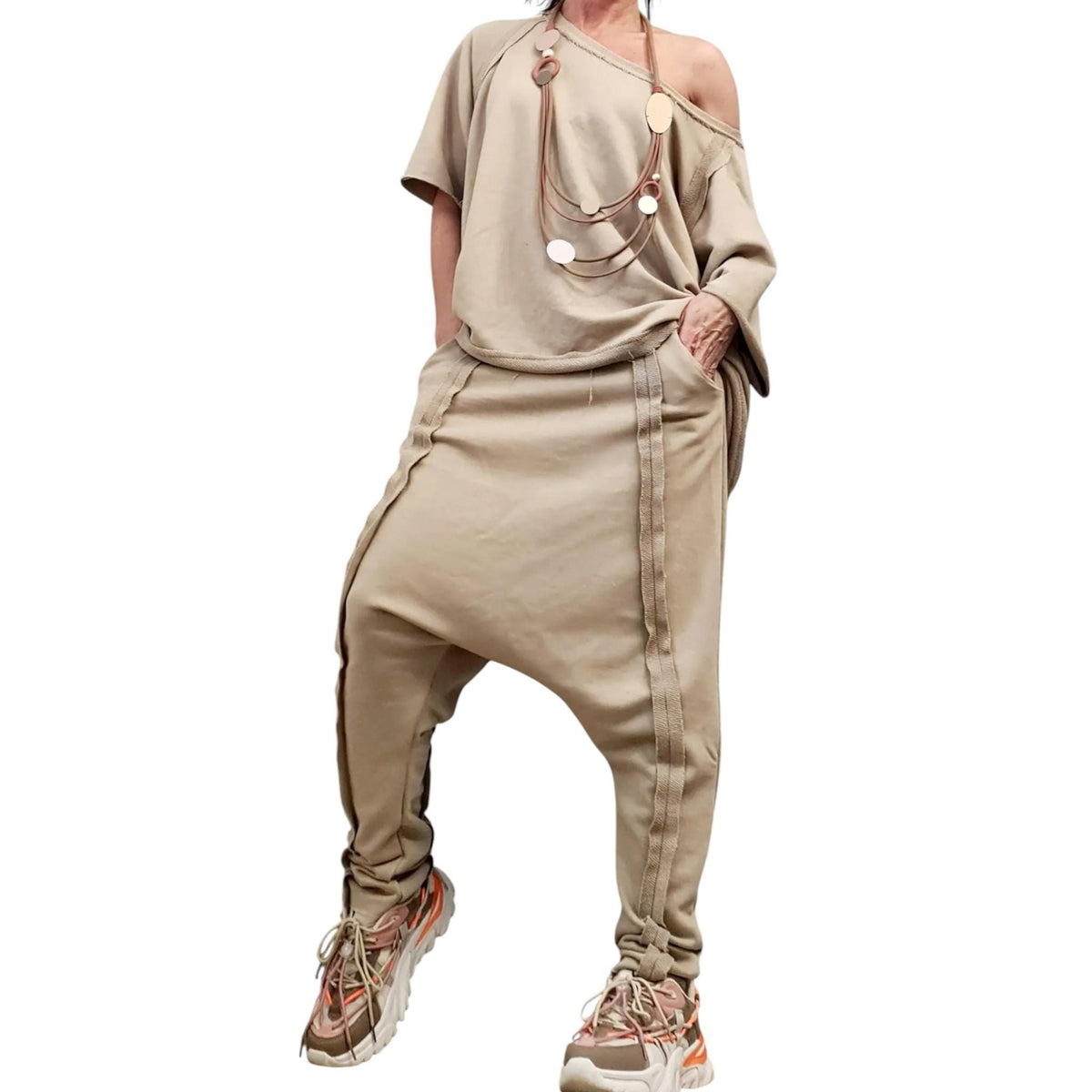 Beige Cotton Drop Crotch Harem Pants, Asymmetrical Open Back Blouse, French Terry Co-Ord Set
