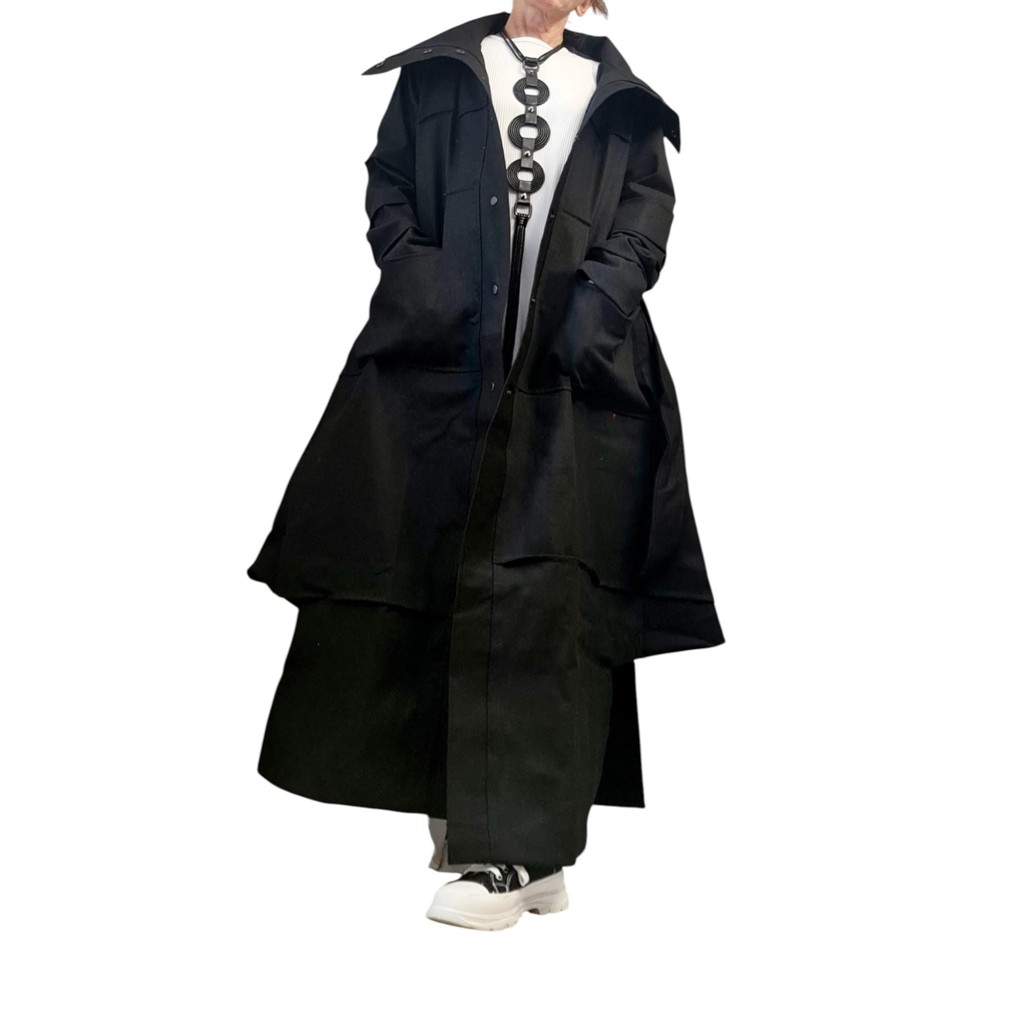 Black Denim Asymmetric Long Trench Coat Oversized Avant Garde Statement Jacket Outfit for Women