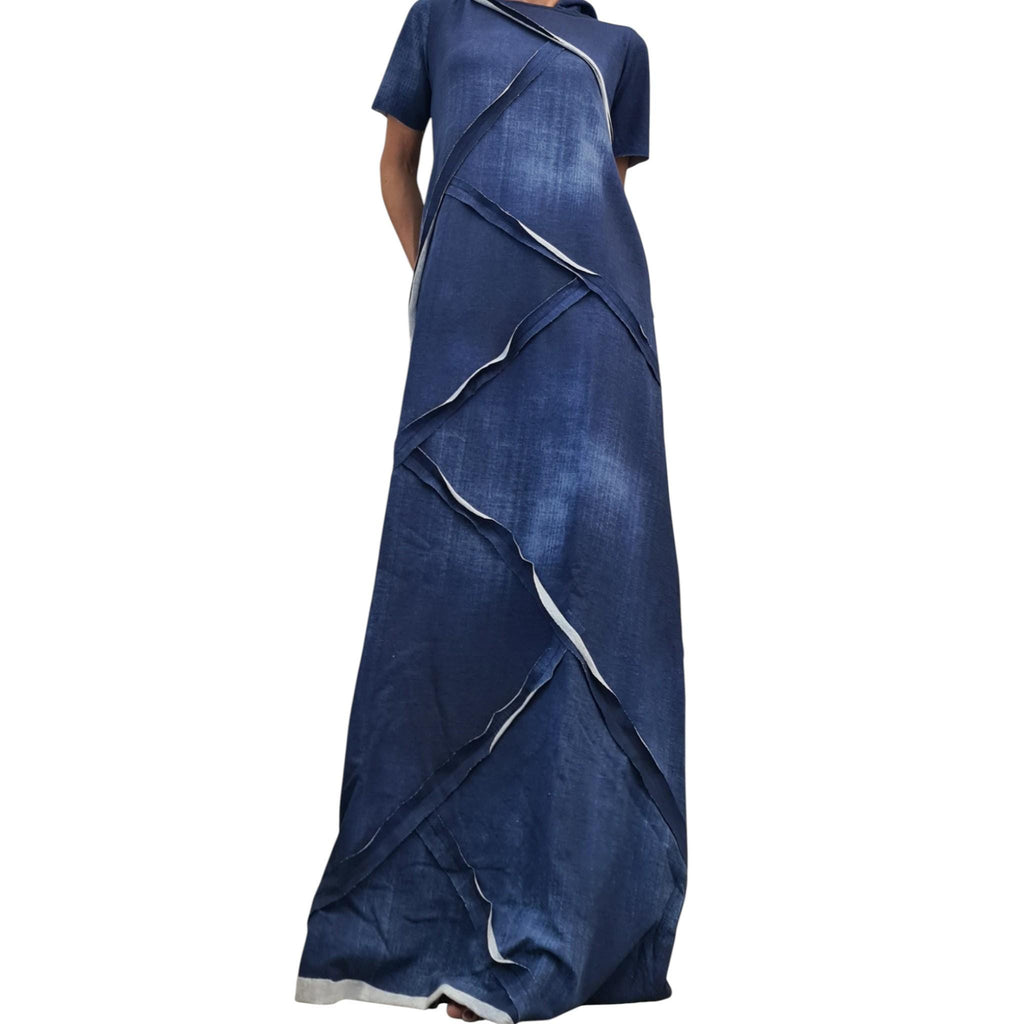 Hooded Long Cotton Dress, Loose Avant Garde Dress for Women, Printed Denim Effect