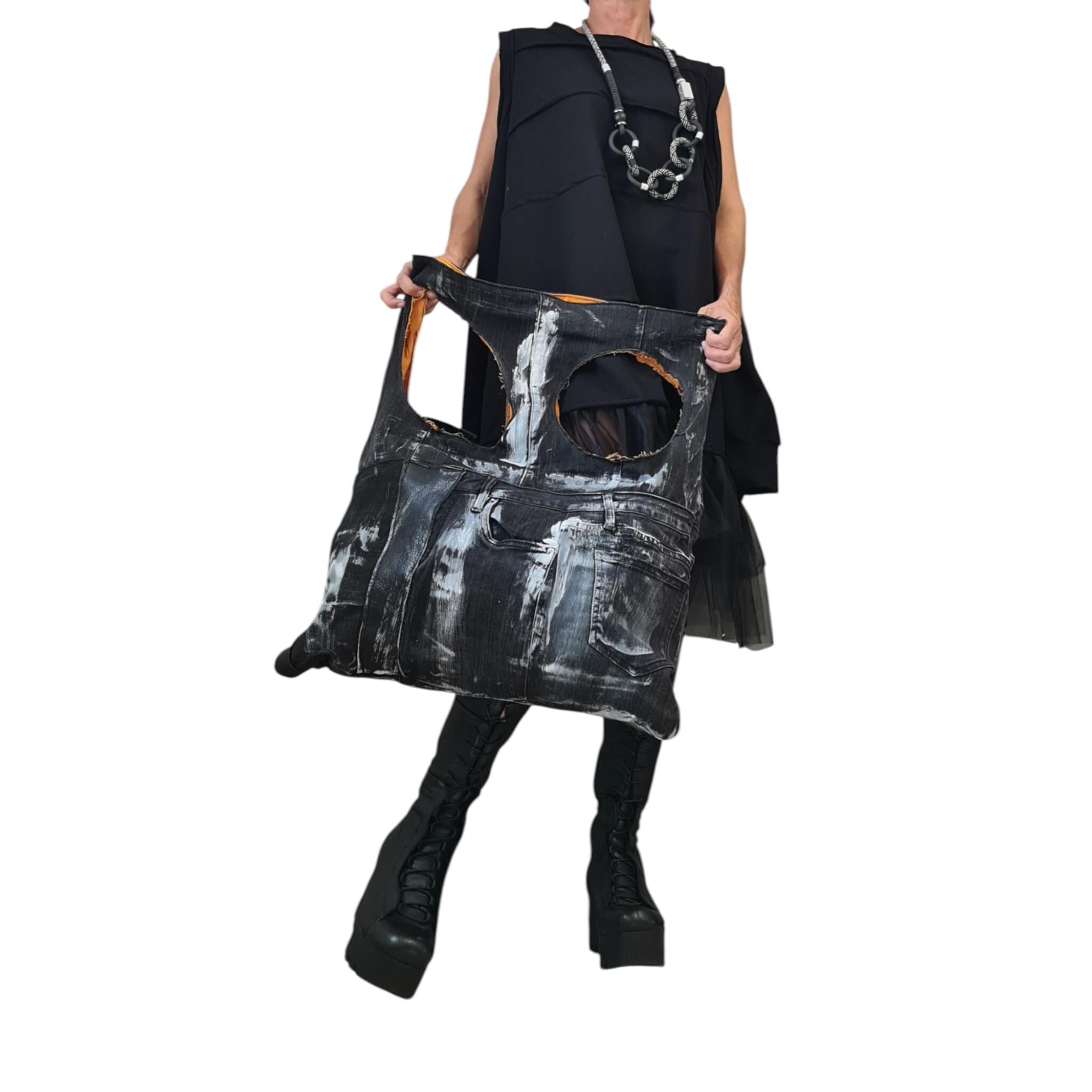 Avant Garde Oversized Denim Tote | Hand-Splashed Painted Convertible Shoulder Backpack