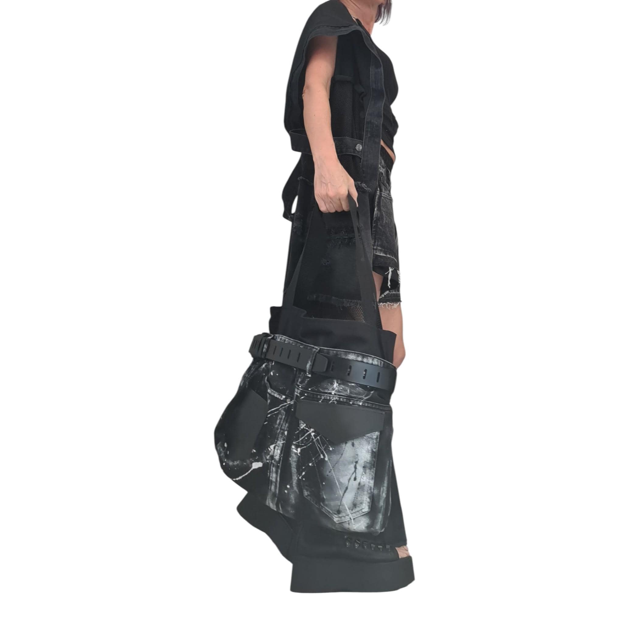 Handmade Oversized Denim Tote Bag, Avant-Garde Spray-Painted Jean Purse, Extravagant Designer Shoulder Bag