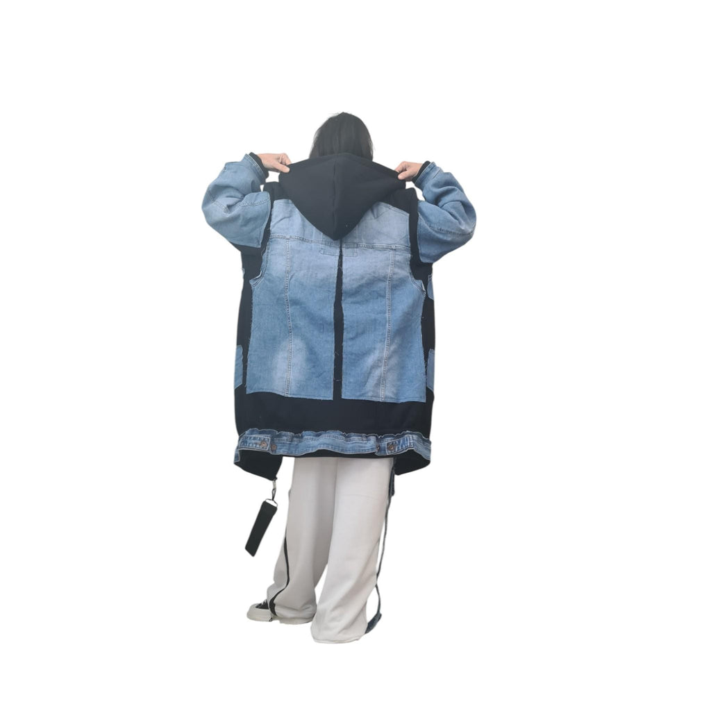 Oversized Hoodie Jacket, Denim Patchwork, Avant Garde Streetwear, Deconstructed Hoodie Women