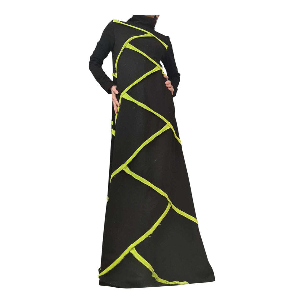 Black Cotton Maxi Dress, Lime Geometric Asymmetric Design, High Neck, Handmade Long Sleeve Dress